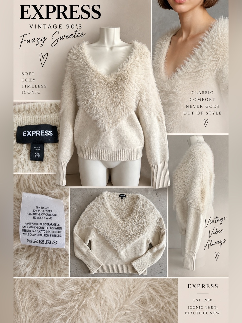 Express Vintage 90s Fuzzy Eyelash V Neck Sweater Ivory XXS Oversized Y2K